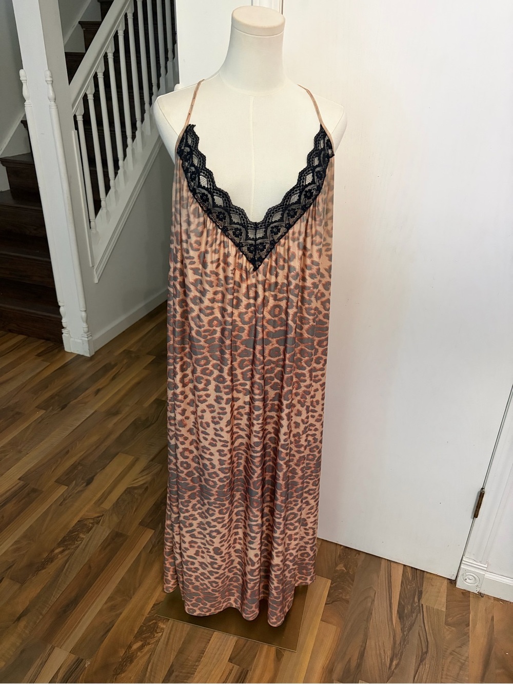 Vintage Brown Tan Leopard Slip Maxi Dress Black Lace Trim, 2X XXL Boho / Indie